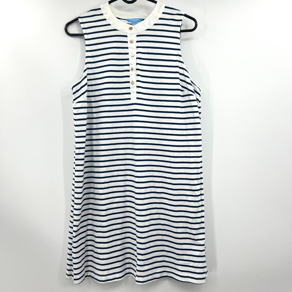 Draper James RSVP Striped Henley Dress M Sleeveless Nautical White Navy Cotton